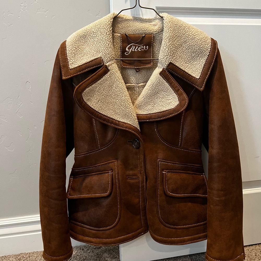 Guess Women's Tan Teddy Jacket with Cream Lining